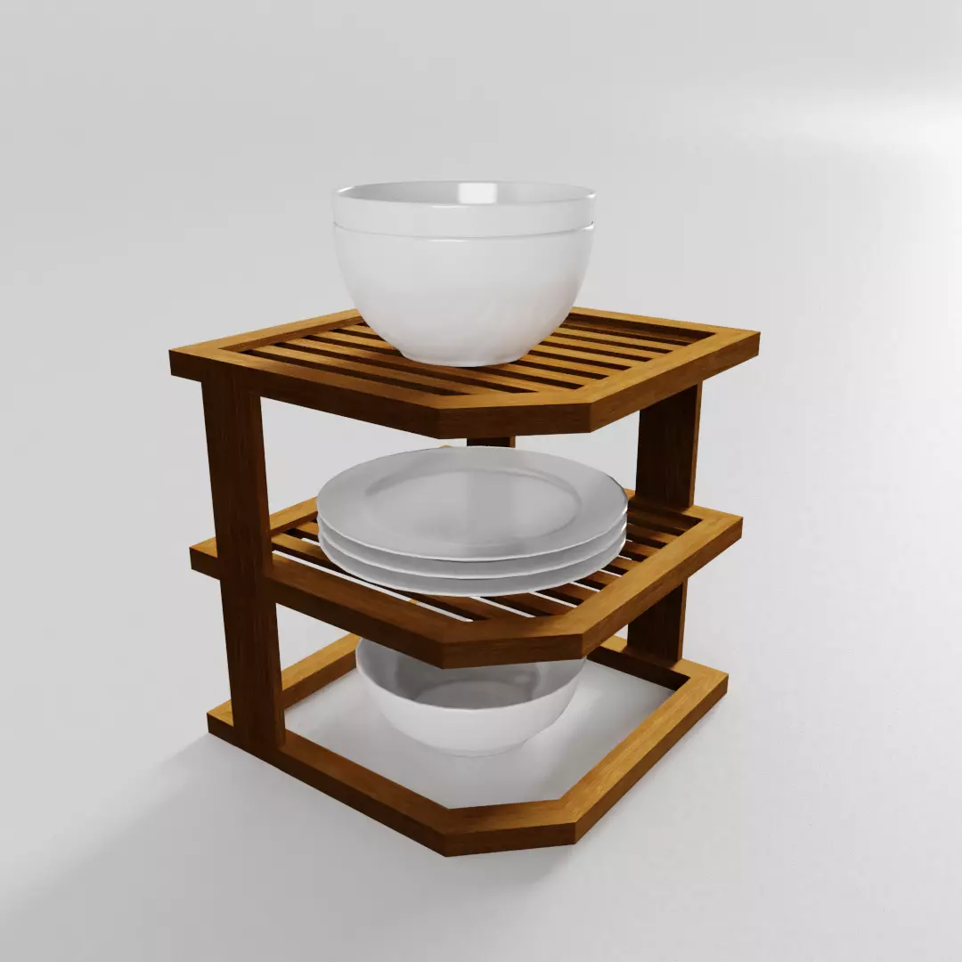 Small Corner Shelf with Dishes for the Kitchen 3D model_0