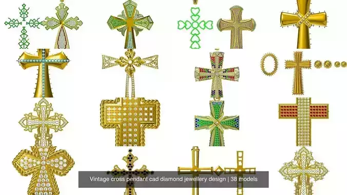 Vintage cross pendant cad diamond jewellery design 3D Model Collection
