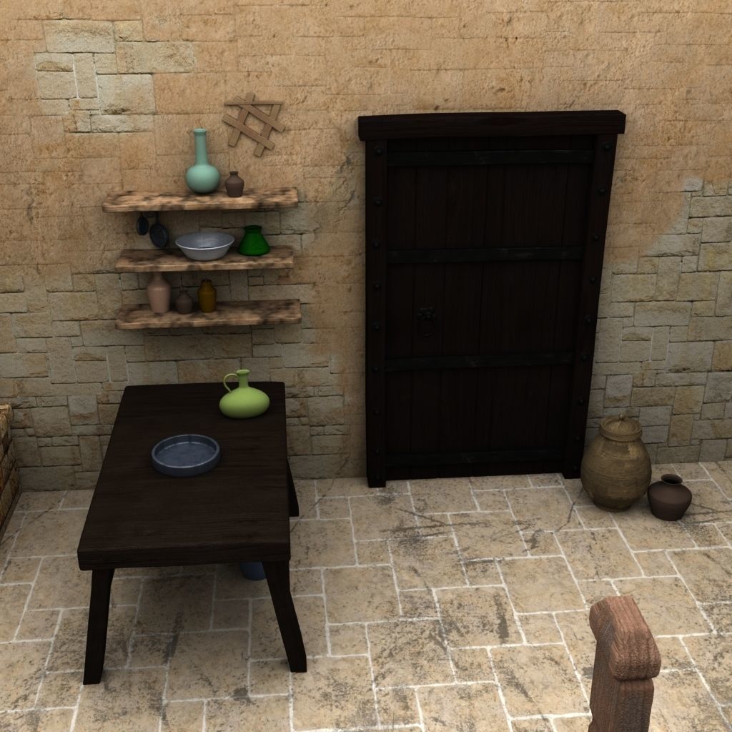 Shelfs medieval kitchen with pots and pans 3D model_1
