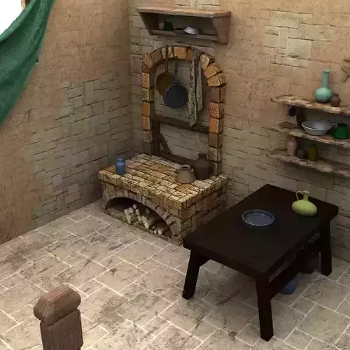 Shelfs medieval kitchen with pots and pans 3D model