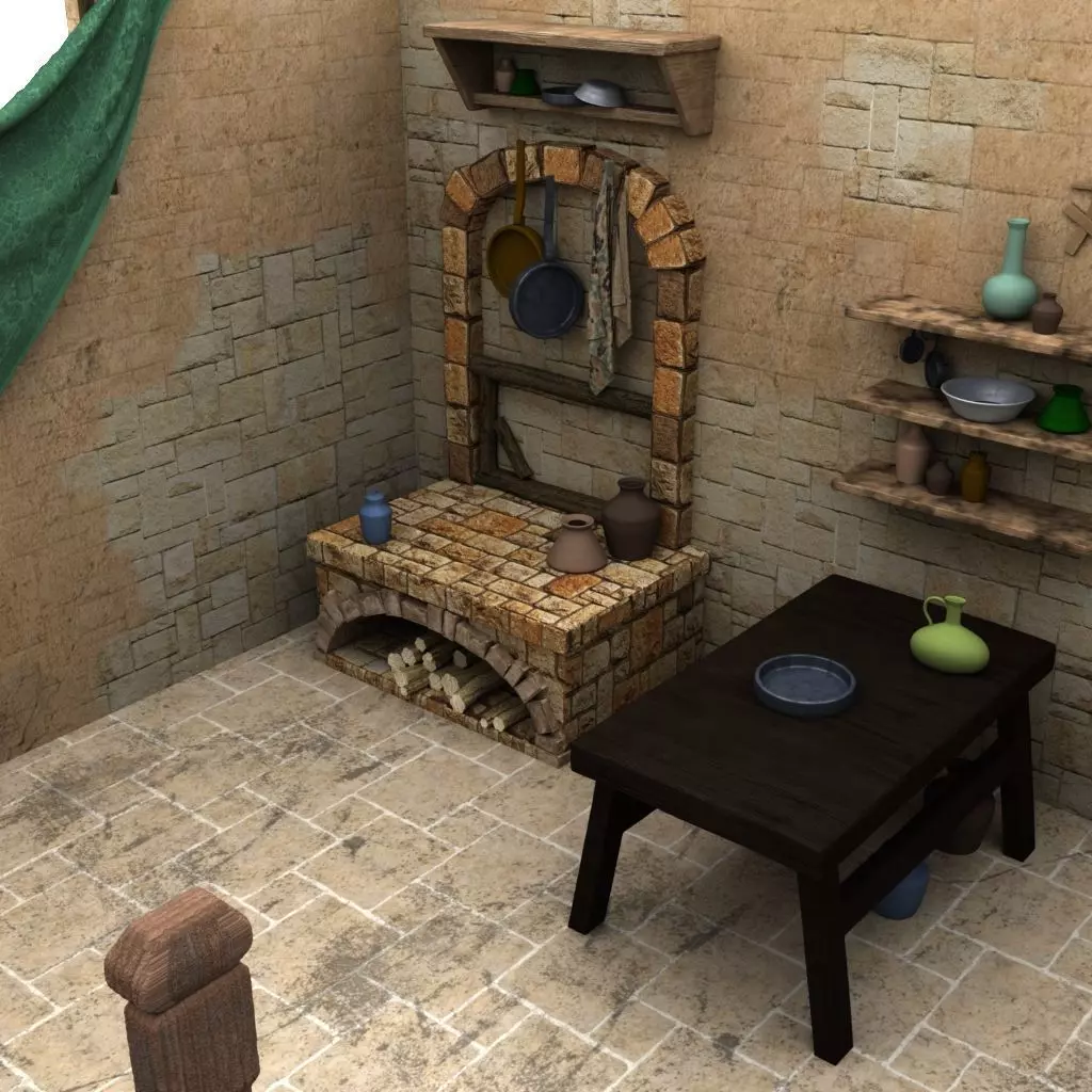 Shelfs medieval kitchen with pots and pans 3D model_0