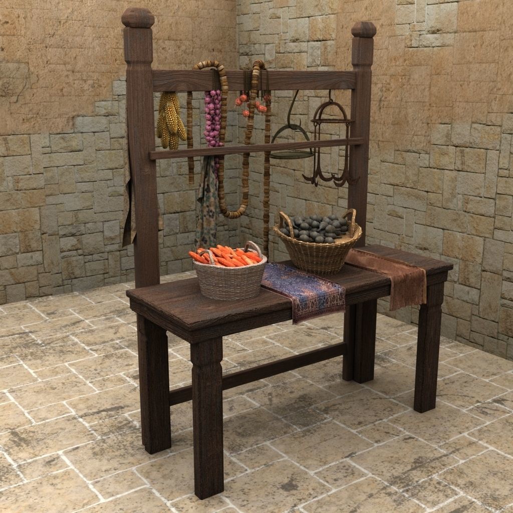 Shelfs medieval kitchen with pots and pans 3D model_2