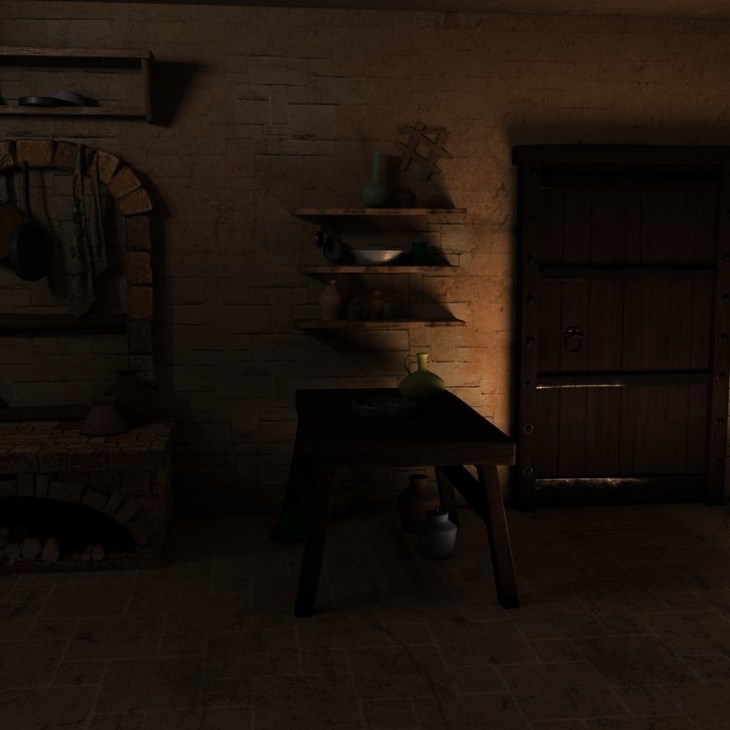 Shelfs medieval kitchen with pots and pans 3D model_8