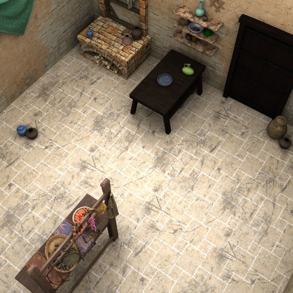 Shelfs medieval kitchen with pots and pans 3D model_5