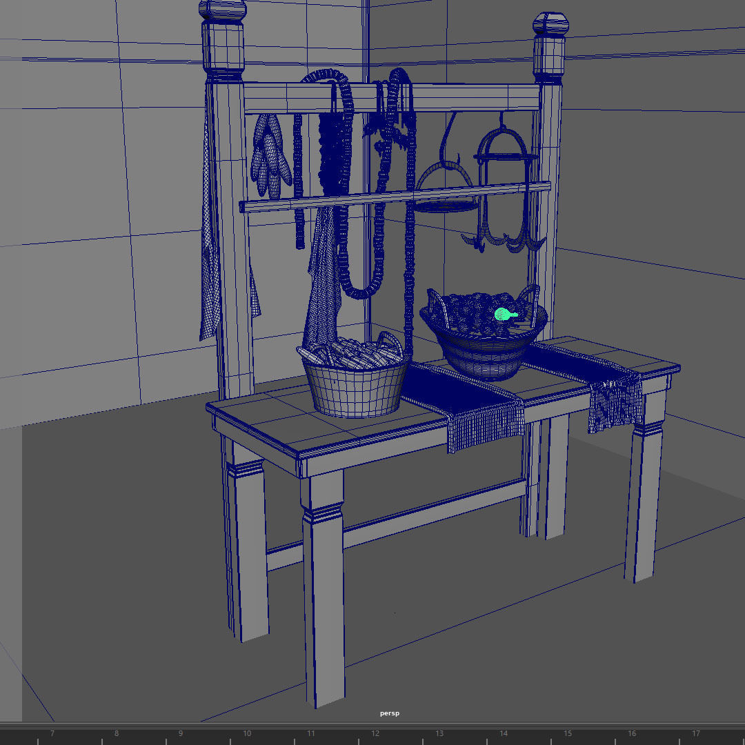 Shelfs medieval kitchen with pots and pans 3D model_3