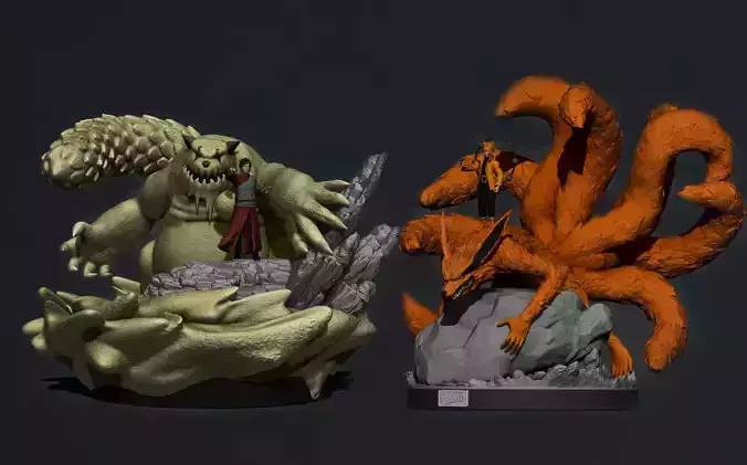 naruto and gaara with their tailed beasts 3d print statues 3D Model Collection