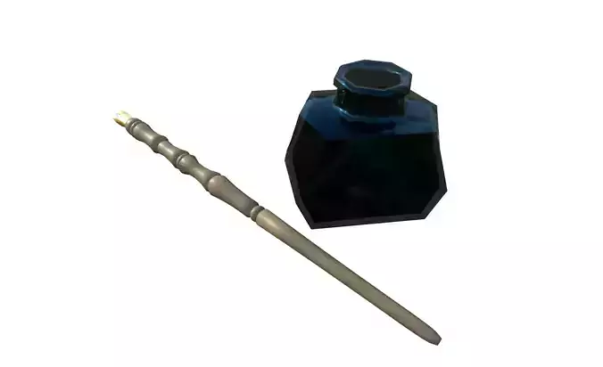 wooden dip pen and ink vial Low-poly 3D model