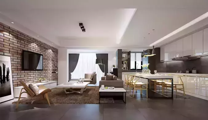 Lounge  Kitchen  Low-poly 3D model