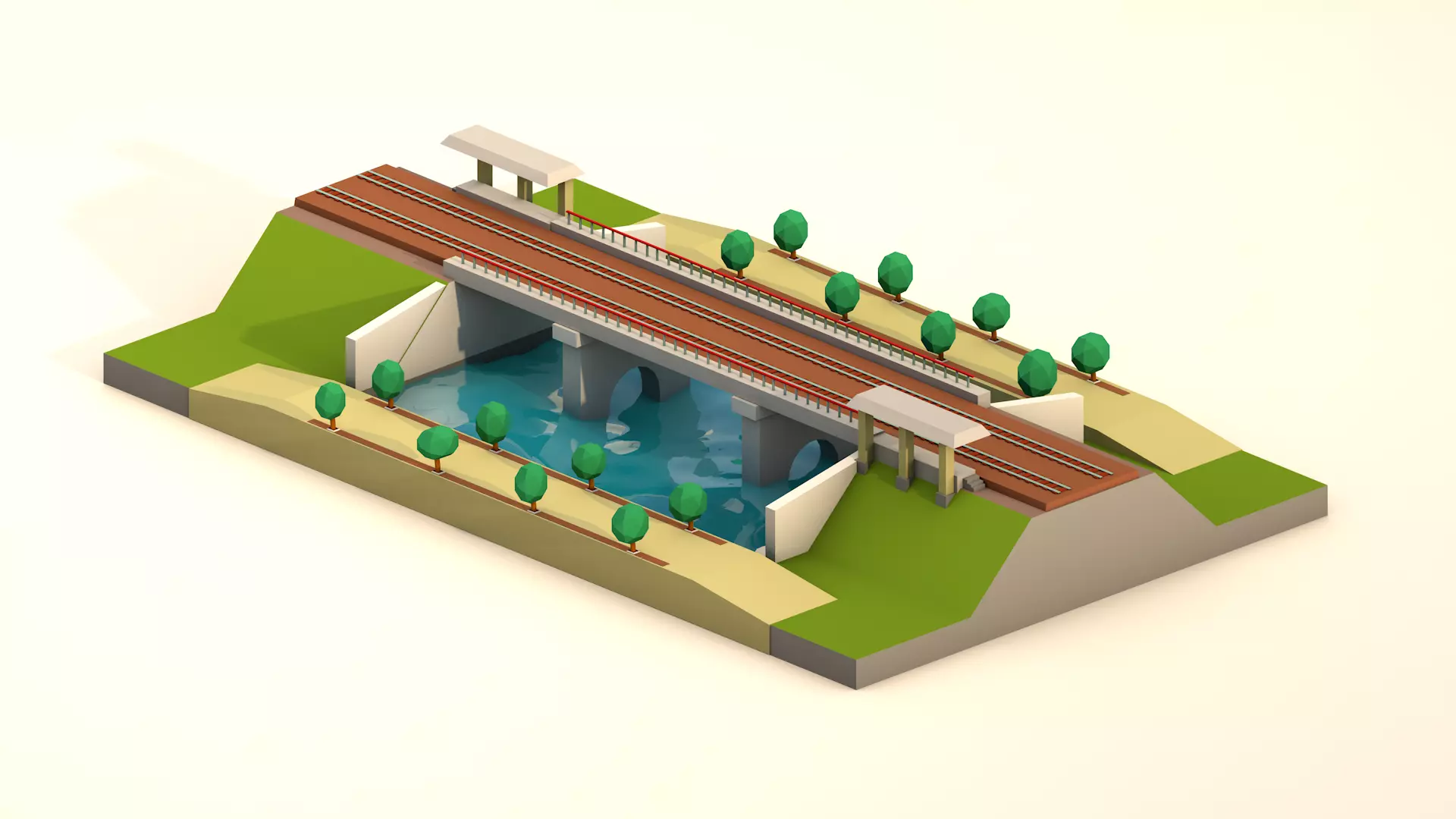 Railway bridge - train station low-poly 3D model Low-poly 3D model