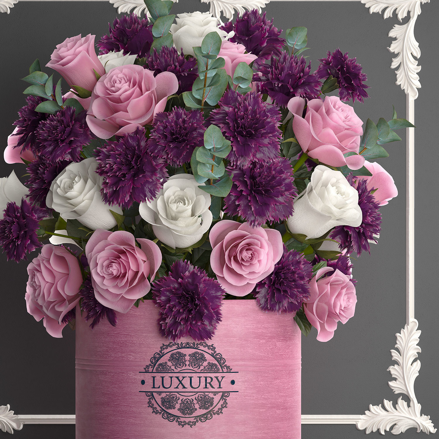 bouquet of pink flowers in a gift box 93 3D model_1