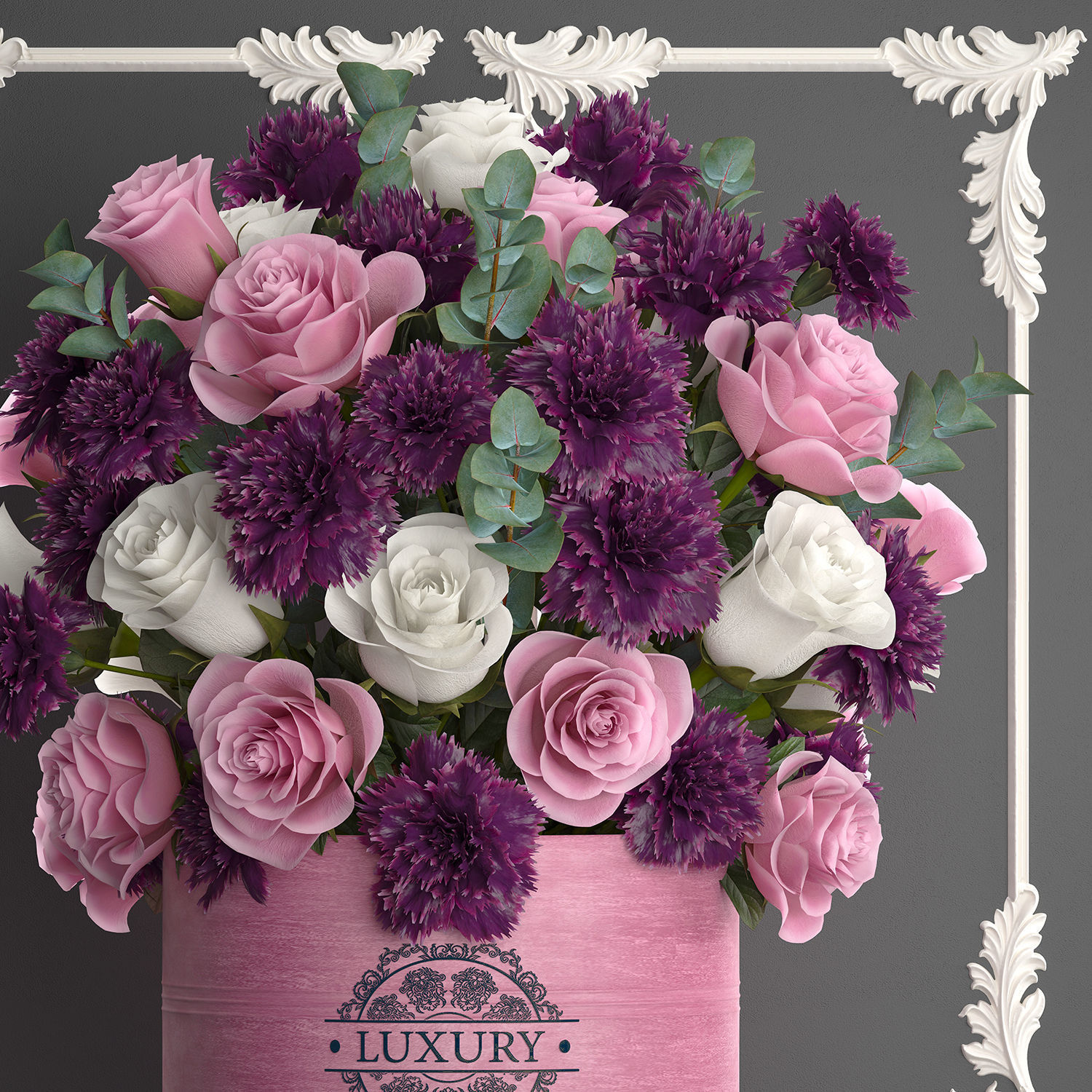 bouquet of pink flowers in a gift box 93 3D model_8