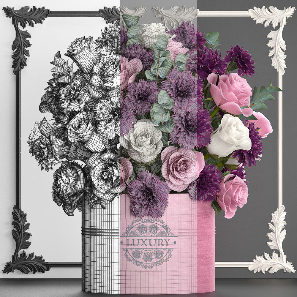 bouquet of pink flowers in a gift box 93 3D model_4