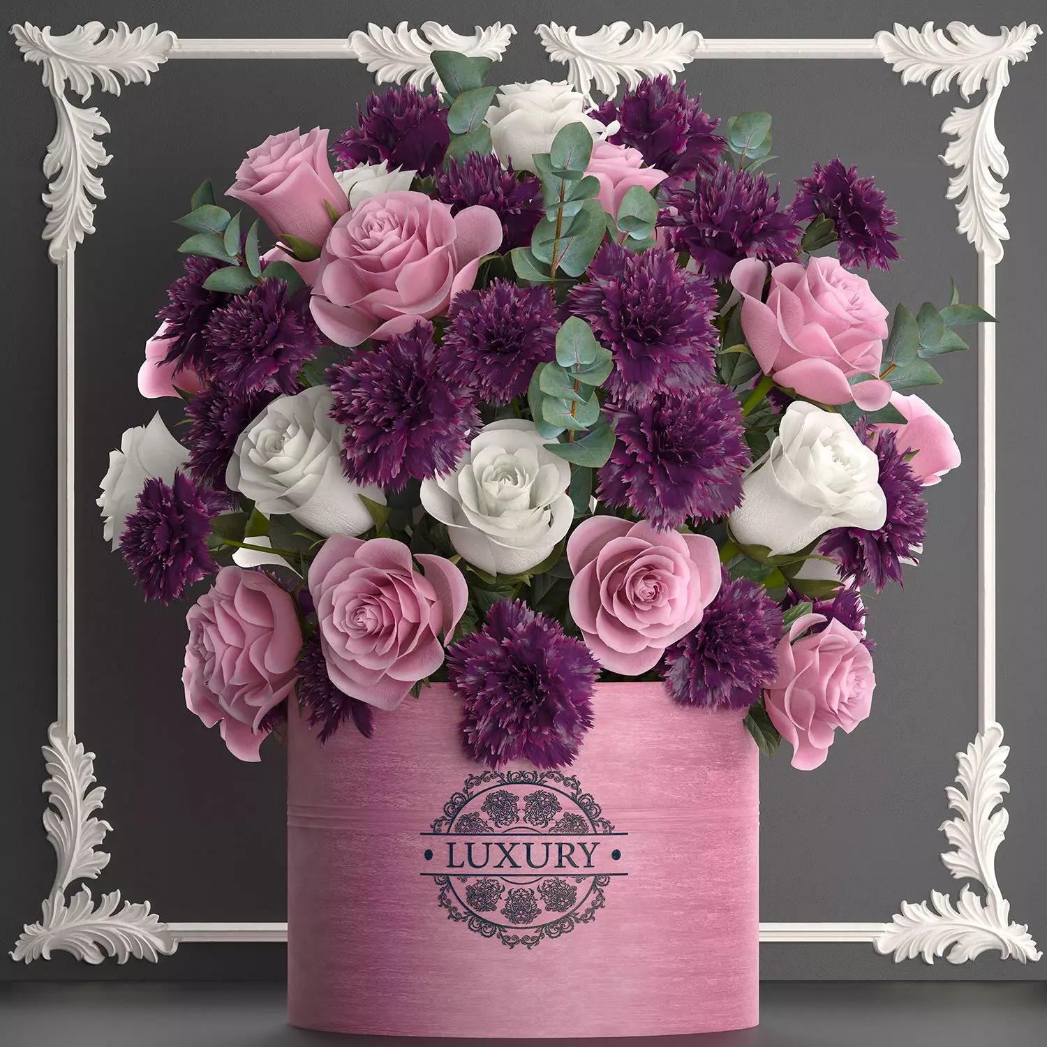 bouquet of pink flowers in a gift box 93 3D model_0