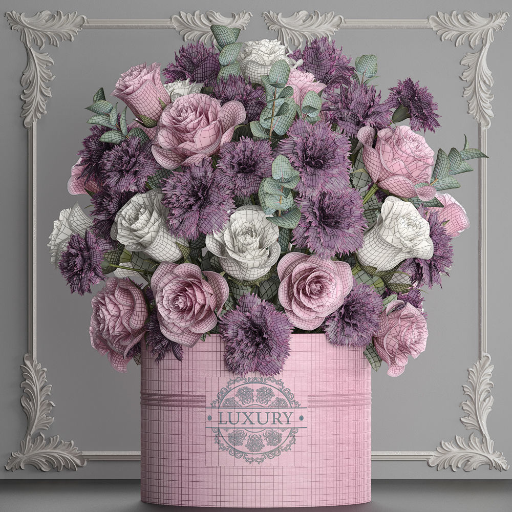 bouquet of pink flowers in a gift box 93 3D model_5