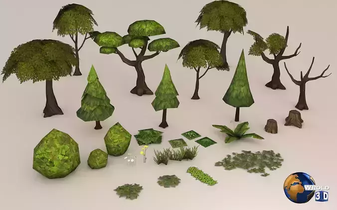 Tree Flower And Grass Lowpoly 3D Model