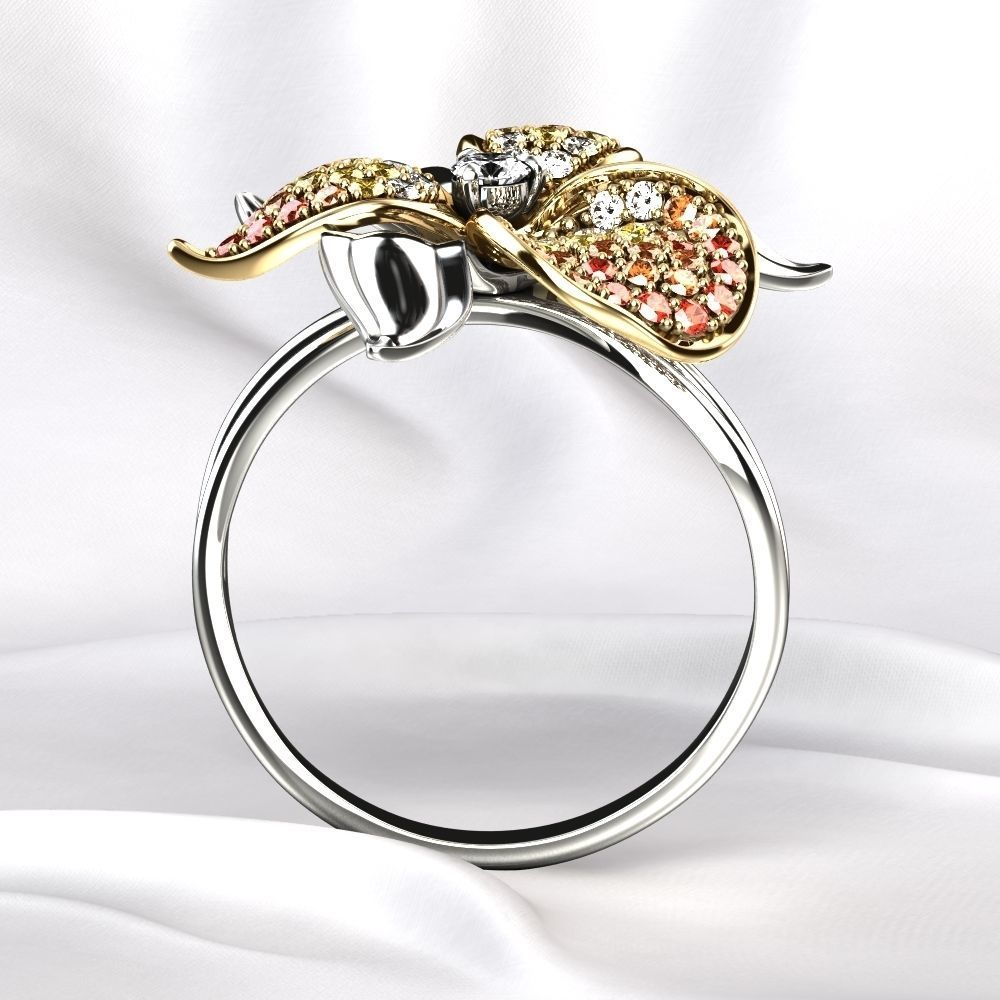 Flower Golden Ring with Gemstones 3D print model_11
