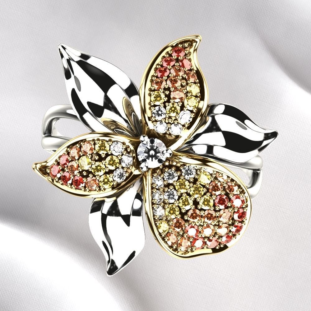 Flower Golden Ring with Gemstones 3D print model_10