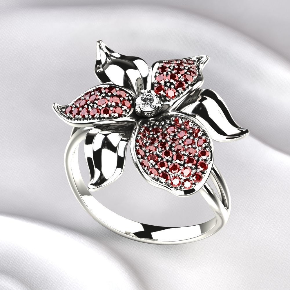 Flower Golden Ring with Gemstones 3D print model_7