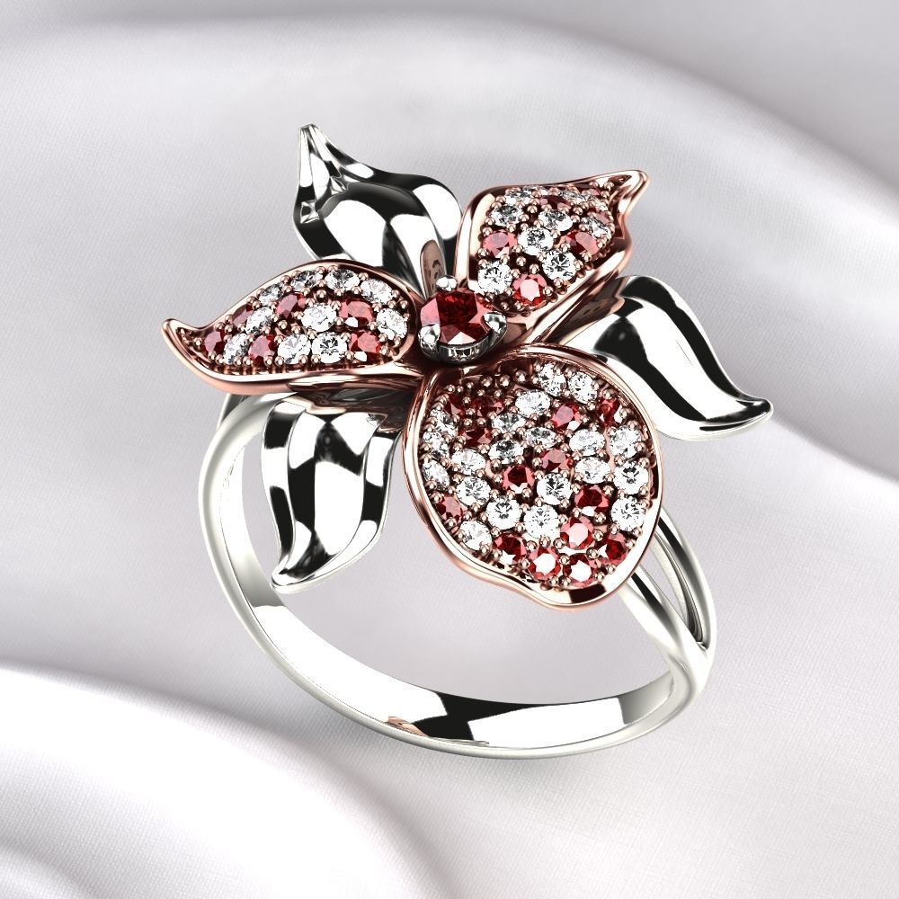 Flower Golden Ring with Gemstones 3D print model_4