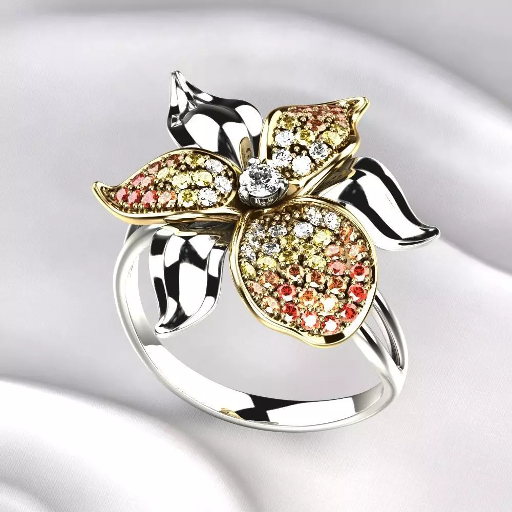 Flower Golden Ring with Gemstones 3D print model_0