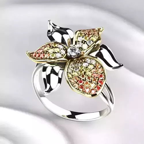Flower Golden Ring with Gemstones 3D print model