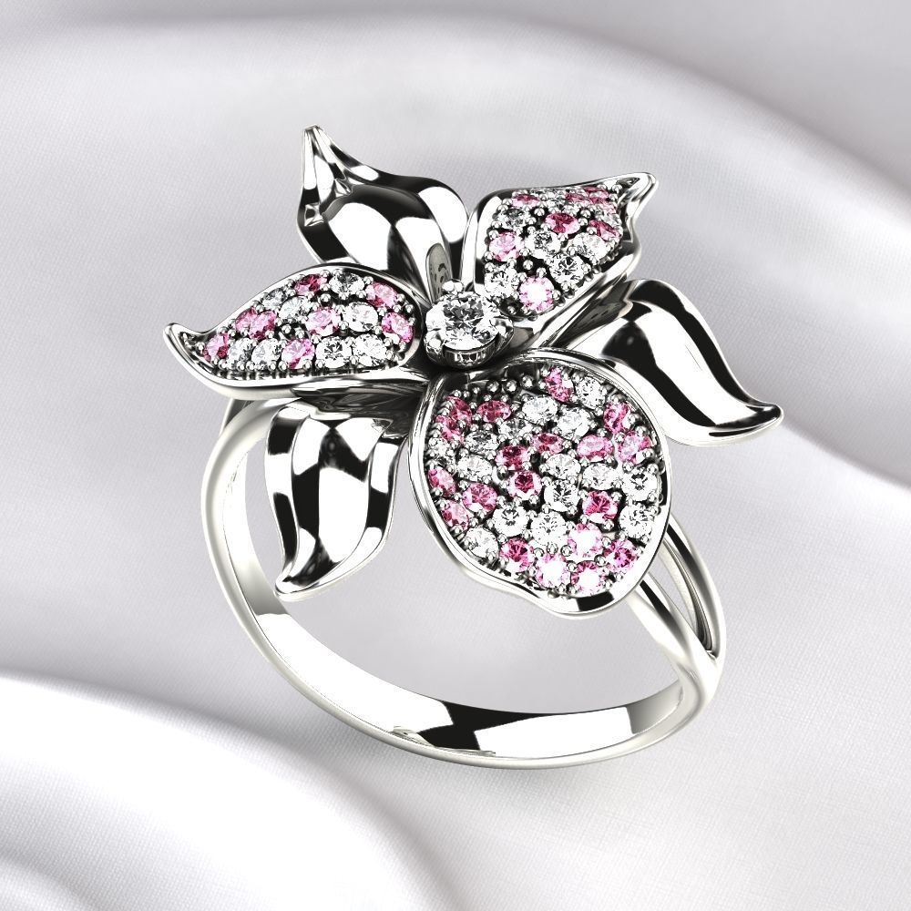 Flower Golden Ring with Gemstones 3D print model_8