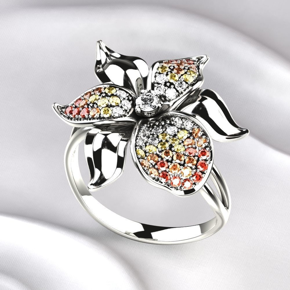 Flower Golden Ring with Gemstones 3D print model_6
