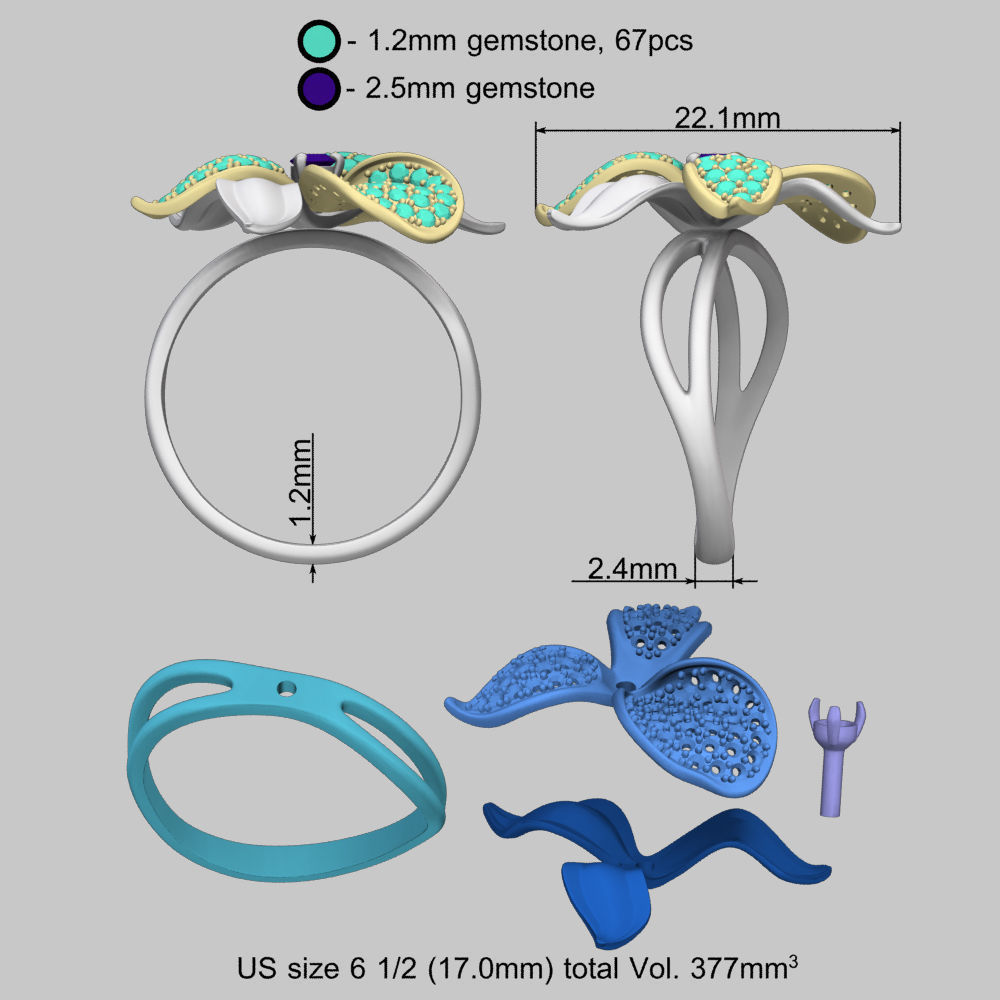 Flower Golden Ring with Gemstones 3D print model_14