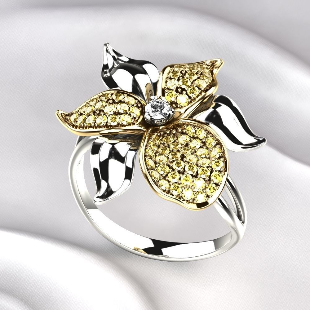 Flower Golden Ring with Gemstones 3D print model_2