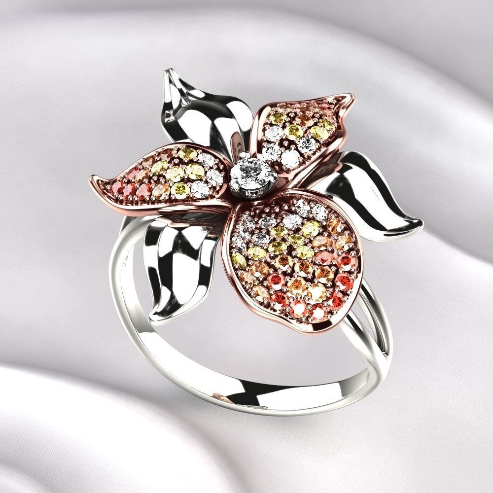 Flower Golden Ring with Gemstones 3D print model_3