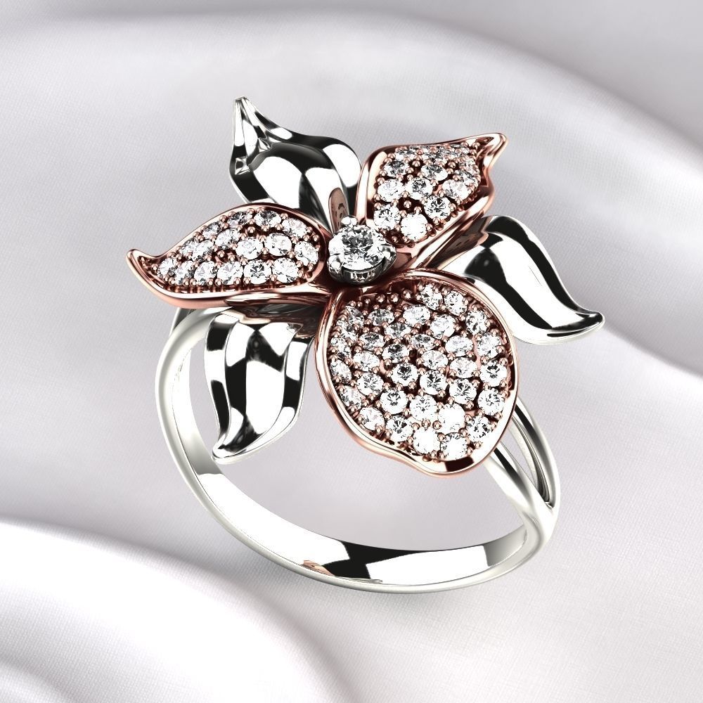 Flower Golden Ring with Gemstones 3D print model_5