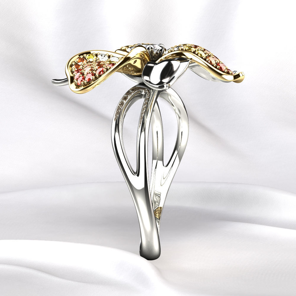Flower Golden Ring with Gemstones 3D print model_13