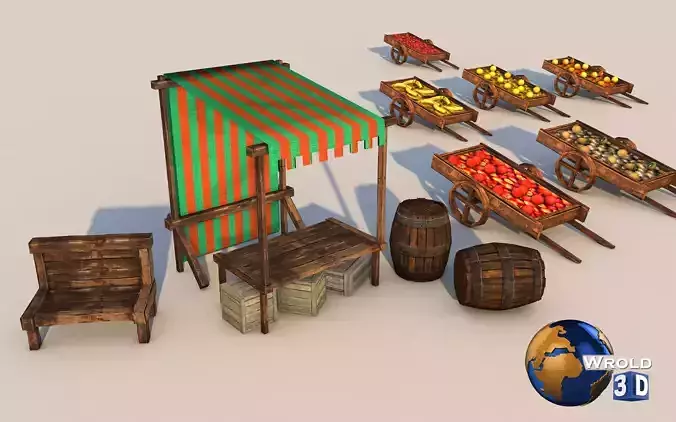 Medieval Market Stall Collection Pack 3D Model