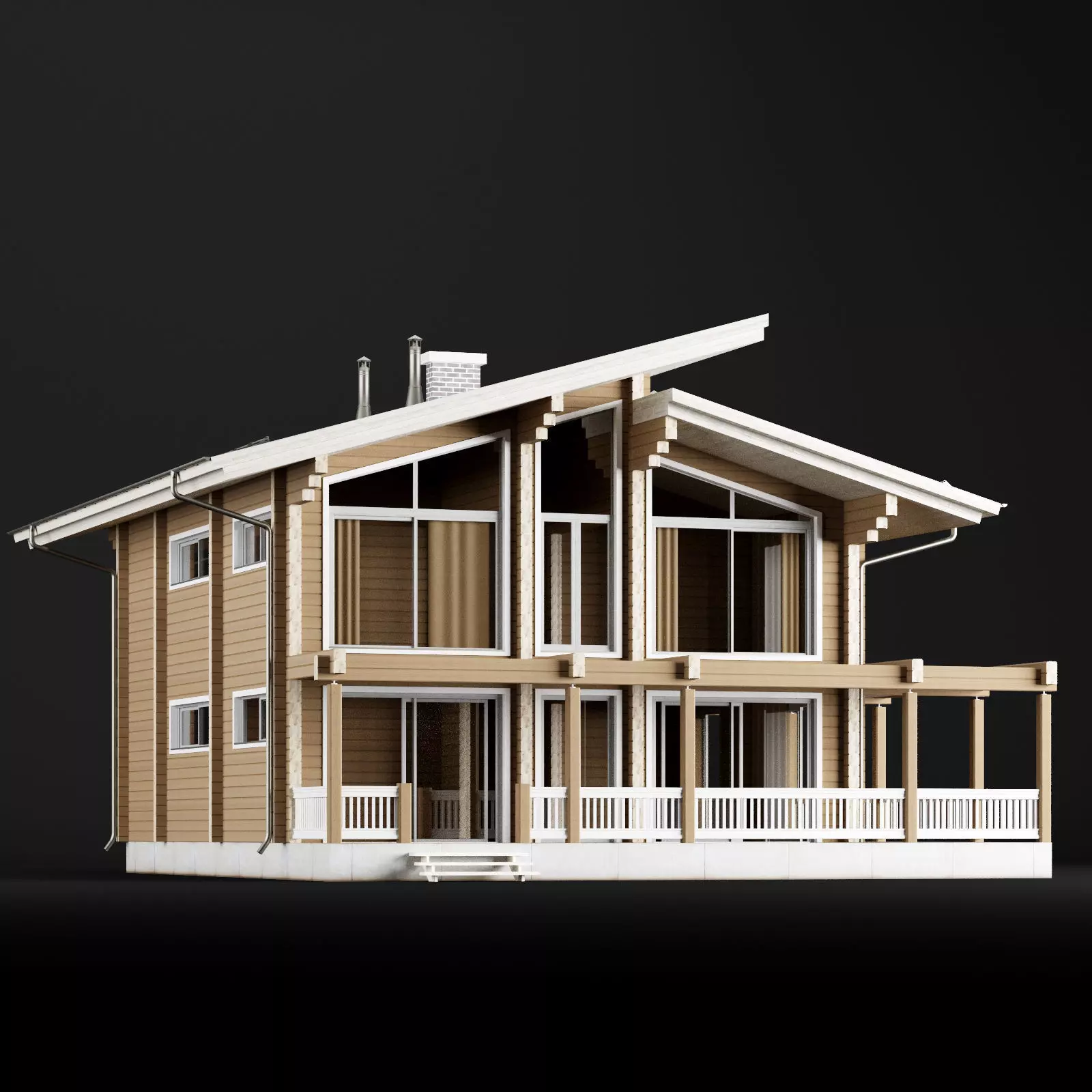 Modern wooden villa 2 story residential house 3D model