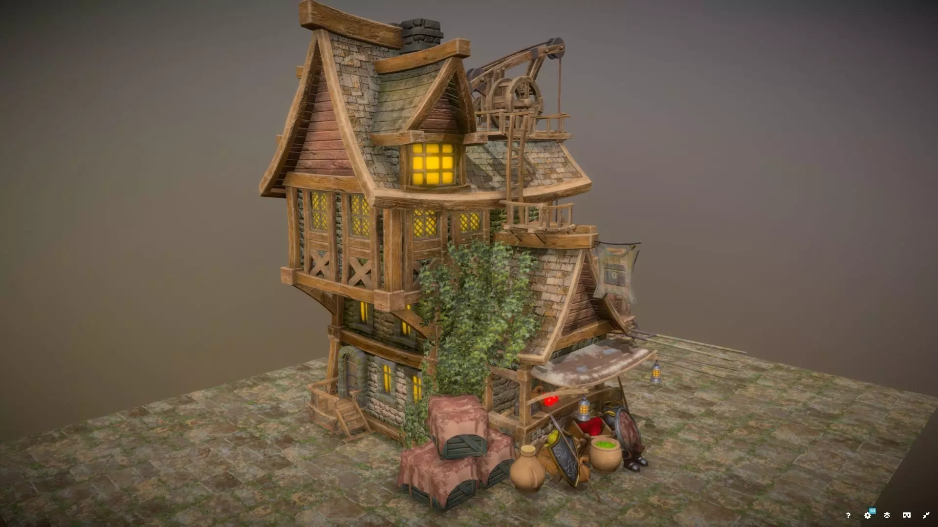 Warehouse-Trader house with clock Low-poly 3D model_0