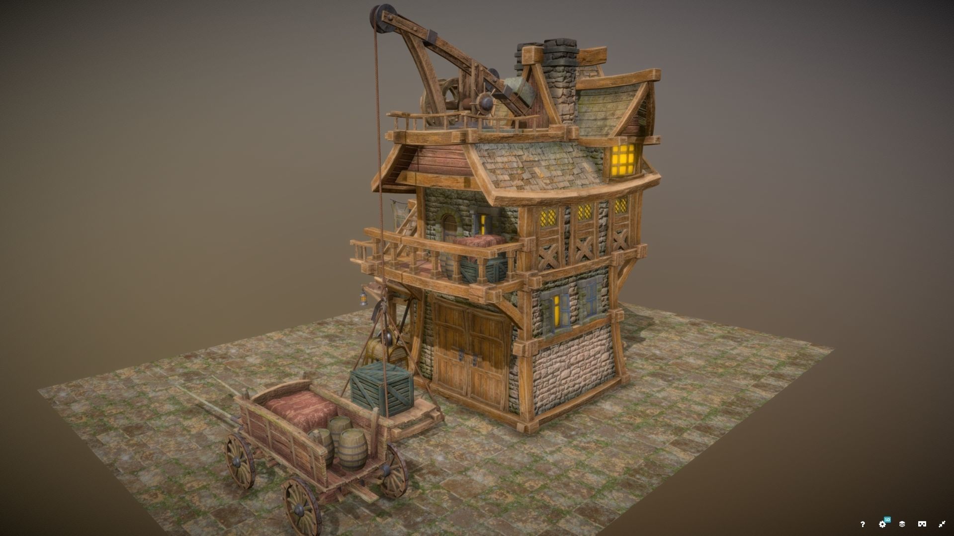 Warehouse-Trader house with clock Low-poly 3D model_7