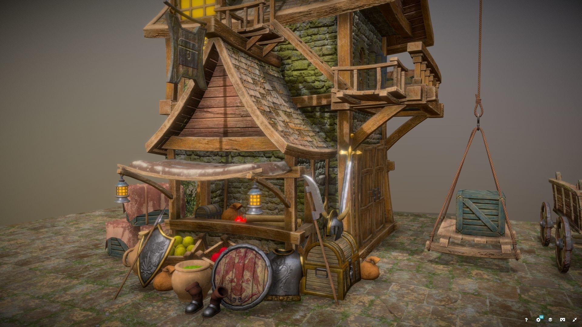 Warehouse-Trader house with clock Low-poly 3D model_3