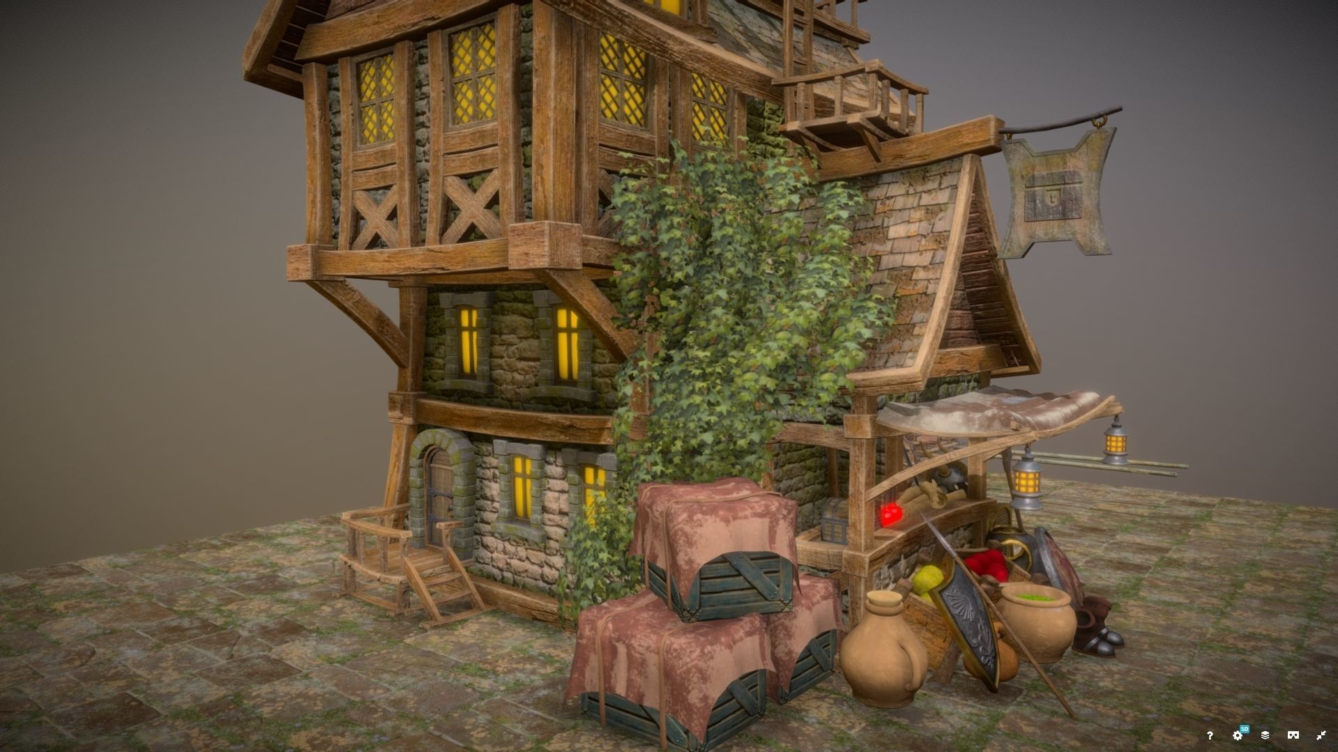 Warehouse-Trader house with clock Low-poly 3D model_4