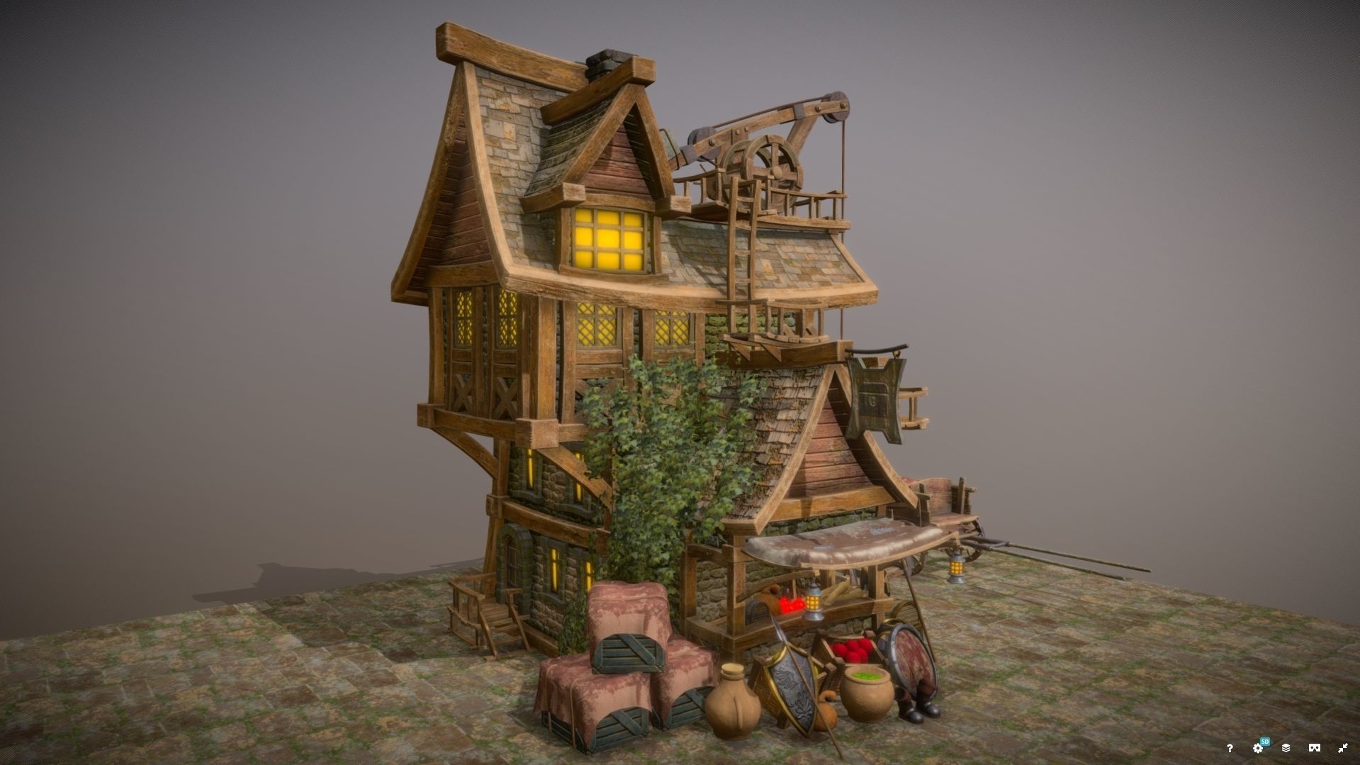 Warehouse-Trader house with clock Low-poly 3D model_5