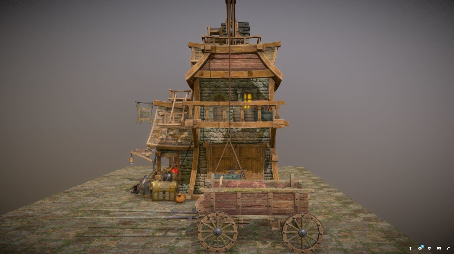 Warehouse-Trader house with clock Low-poly 3D model_9