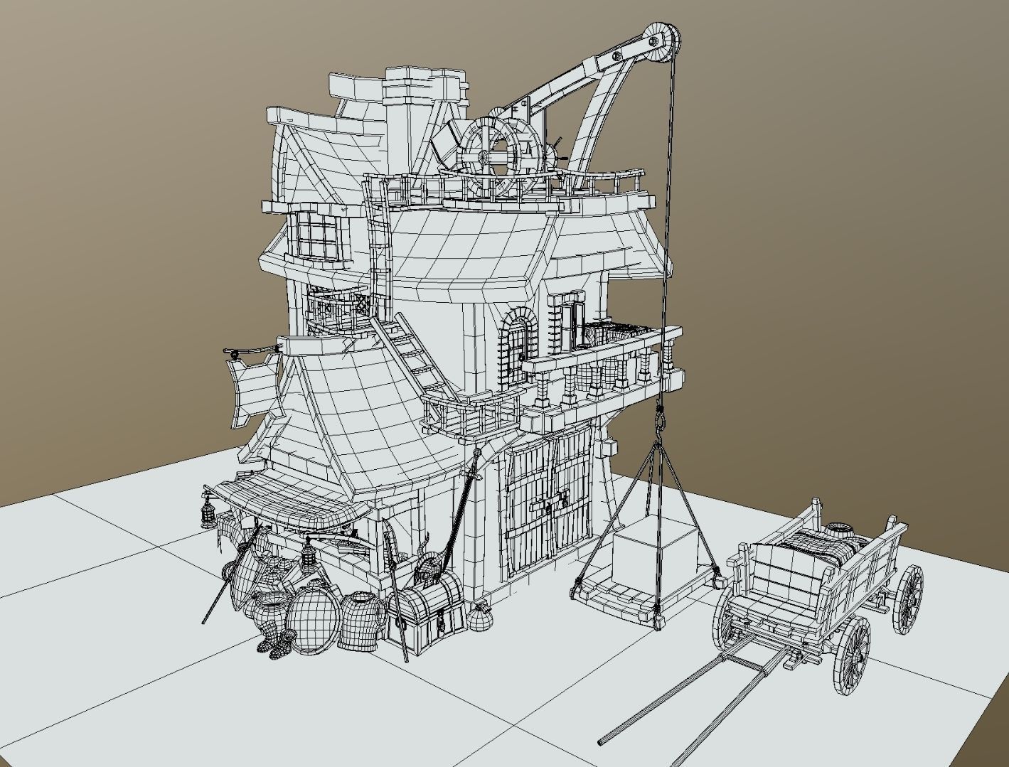 Warehouse-Trader house with clock Low-poly 3D model_10