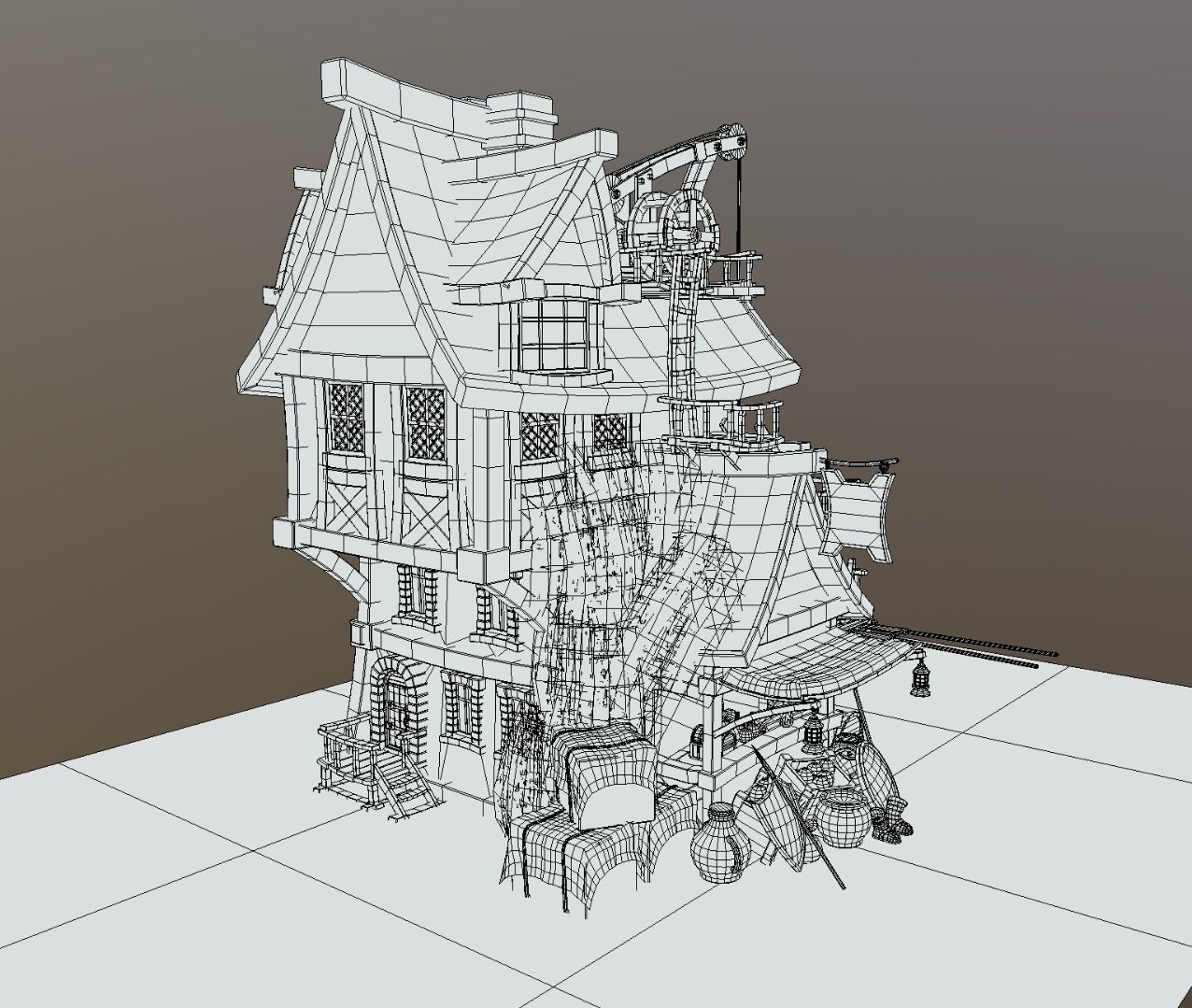 Warehouse-Trader house with clock Low-poly 3D model_11