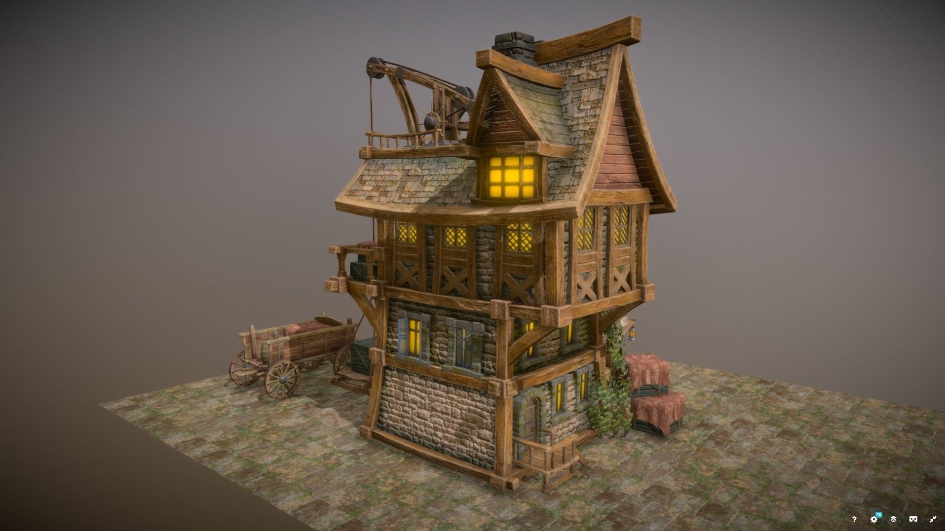 Warehouse-Trader house with clock Low-poly 3D model_6