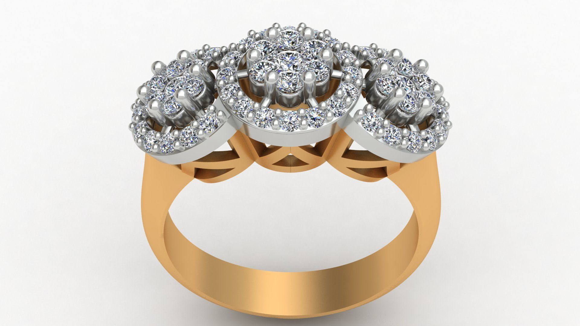 3 Head Bunch Diamond Engagement Gold Ring 3D print model_1