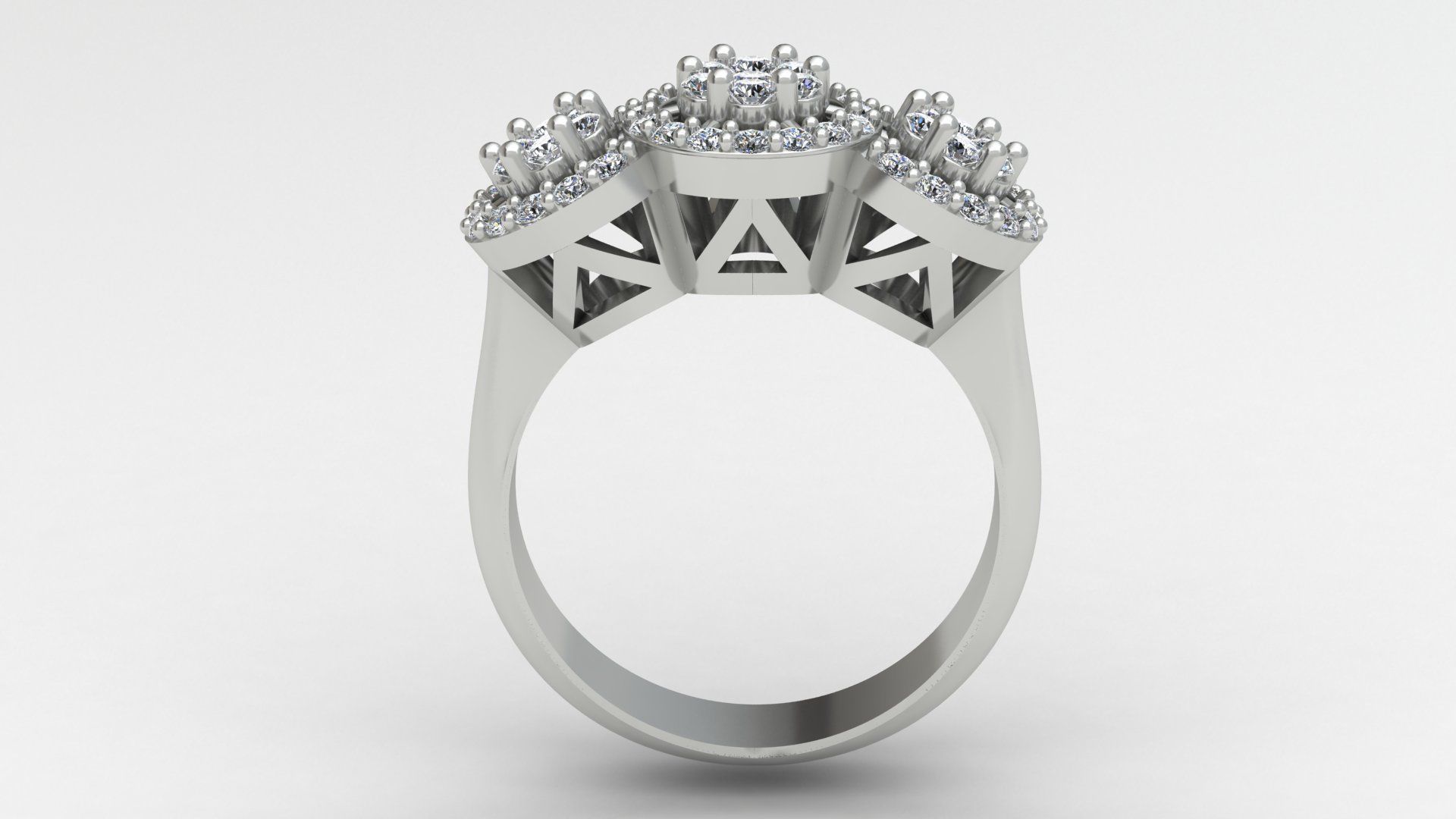 3 Head Bunch Diamond Engagement Gold Ring 3D print model_10