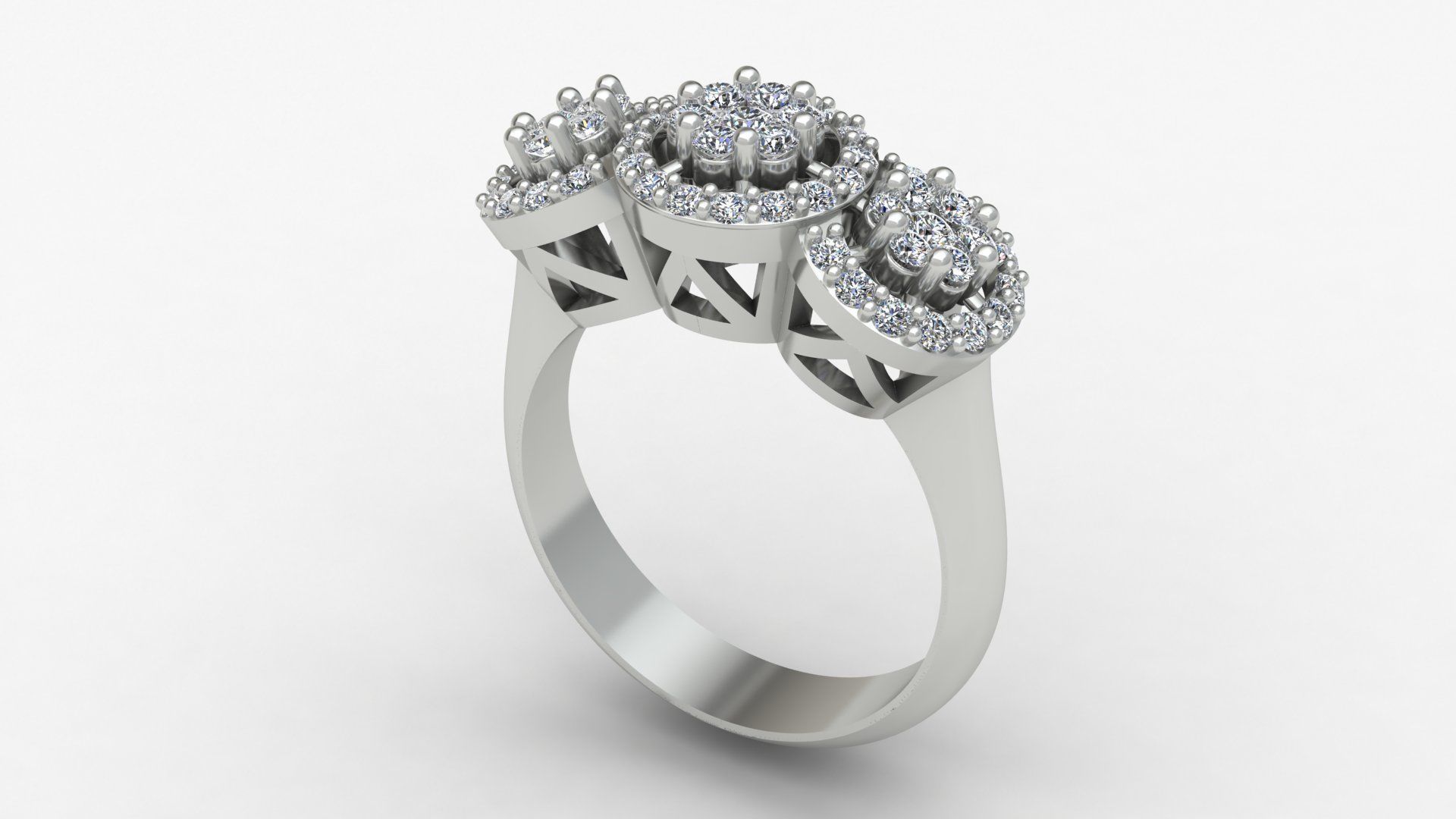 3 Head Bunch Diamond Engagement Gold Ring 3D print model_9