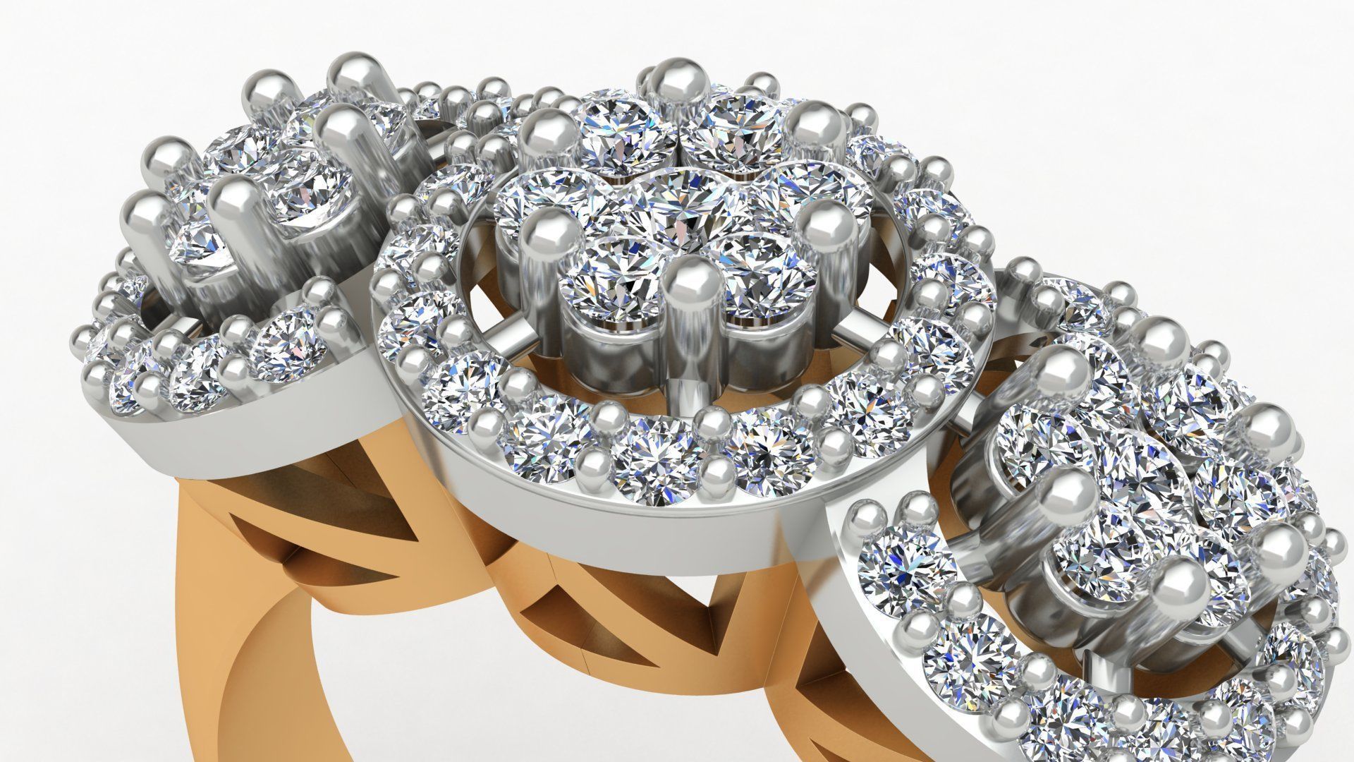 3 Head Bunch Diamond Engagement Gold Ring 3D print model_6