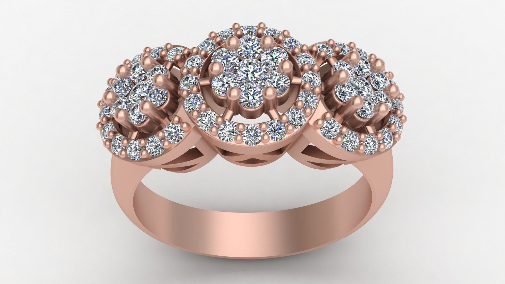 3 Head Bunch Diamond Engagement Gold Ring 3D print model_11