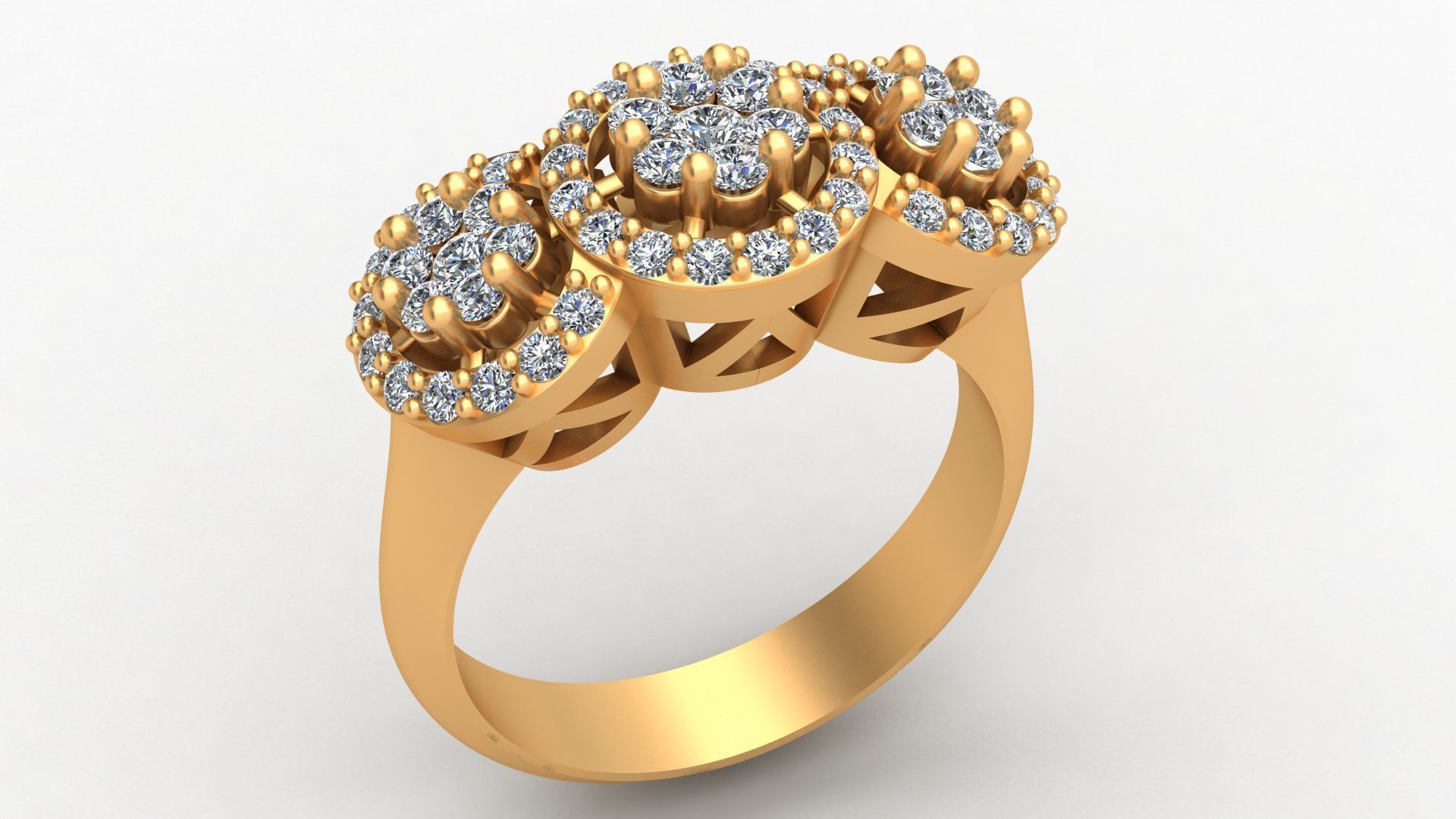 3 Head Bunch Diamond Engagement Gold Ring 3D print model_7