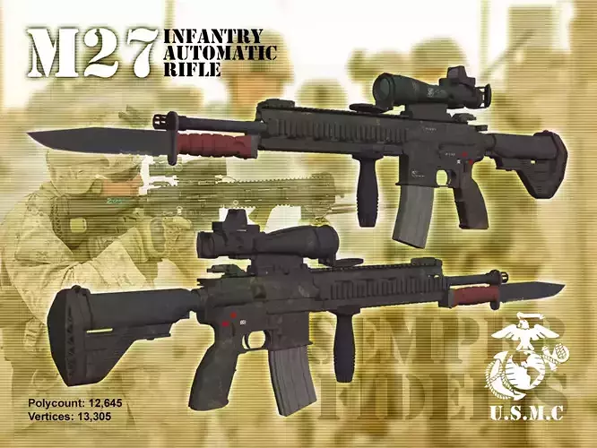 USMC M27 Infantry Automatic Rifle with 3 tactical attachments 3D model